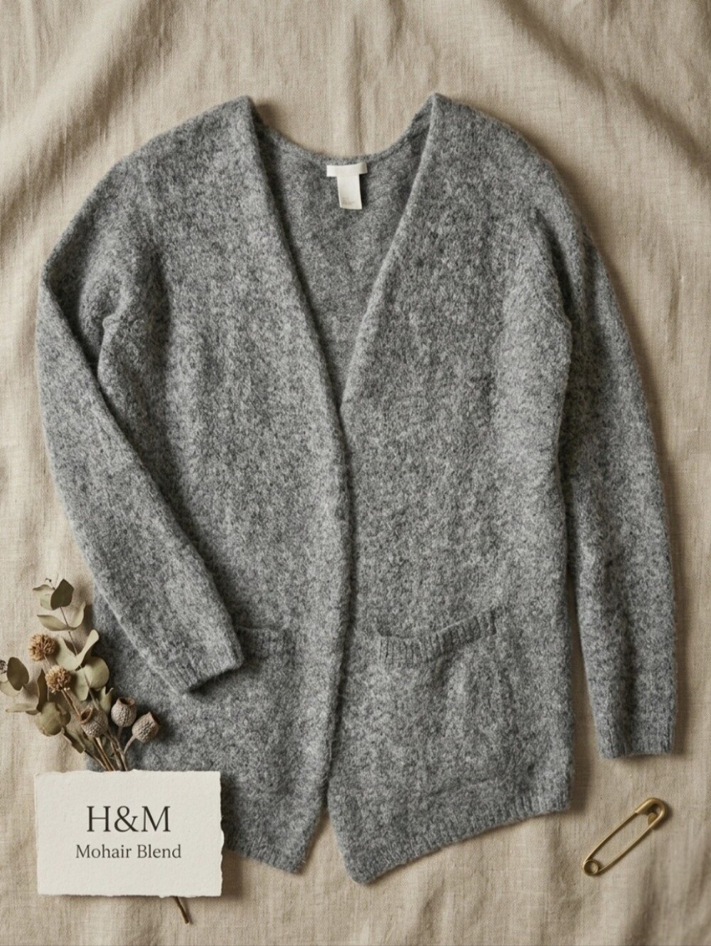 H&M Mohair Wool Blend Oversized Open Front Cardigan Gray Knit Sweater Pockets S